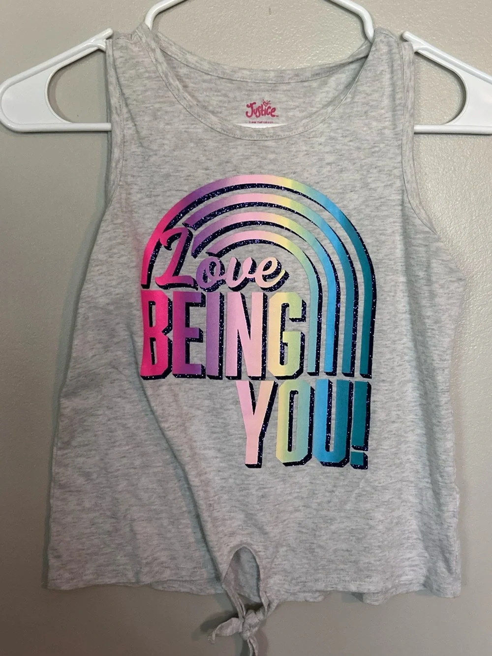 5 for $20! Justice Girls' Gray Tie-Front Tank Top - 'Love Being You' Rainbow